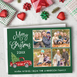 Cartes Pour Fêtes Annuelles Calligraphie Noël Camion Vintage 4 Photo Vert<br><div class="desc">Script de calligraphie moderne Joyeux Noël 4 Photo Carte de vacances - Aquarelle Vintage Camion rouge avec arbre de Noël - Arrière - plan vert de la forêt</div>
