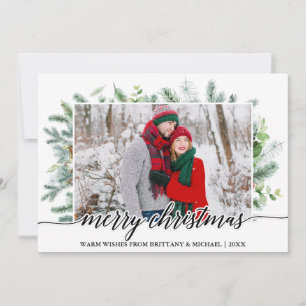 Cartes Pour Fêtes Annuelles Calligraphie Pin de Noël Vert Couple Photo