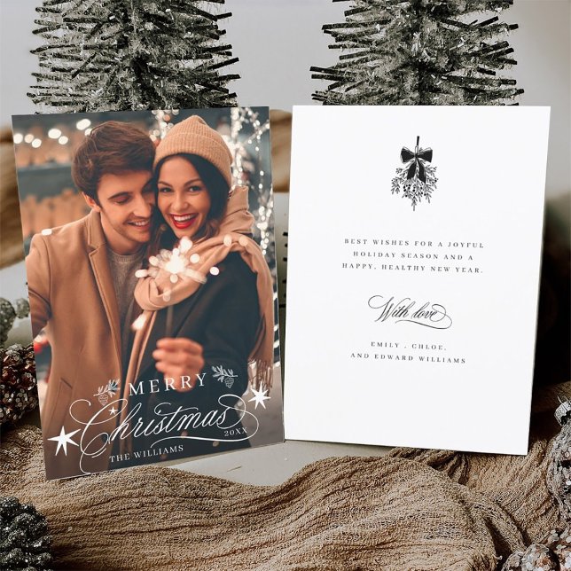 Cartes Pour Fêtes Annuelles Calligraphie romantique Joyeux Noël Photo Appartem (Front & Back)