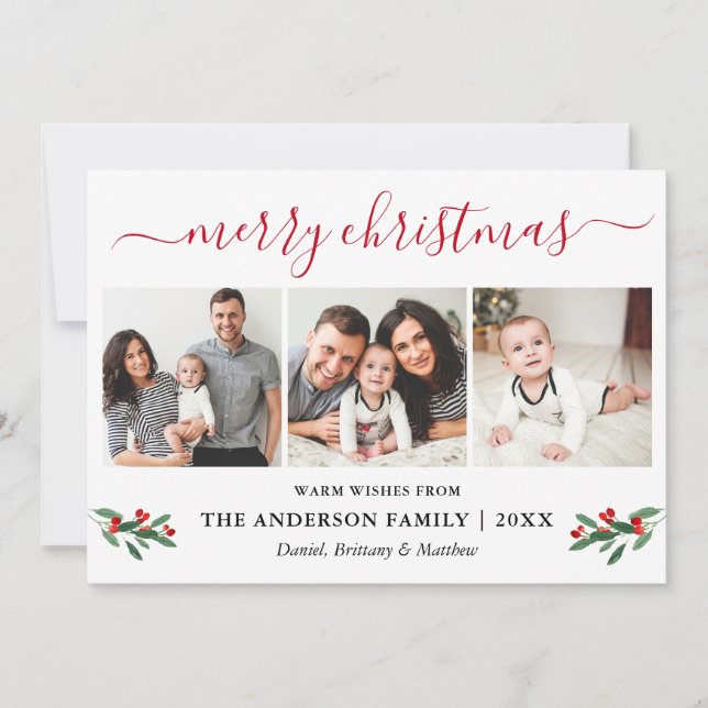Cartes Pour Fêtes Annuelles Calligraphie Rouge Joyeux Noël Holly 3 Photo (Devant)