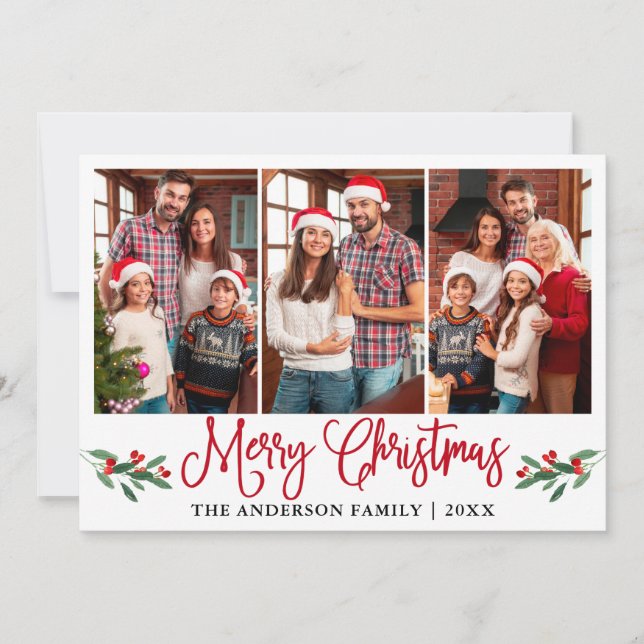 Cartes Pour Fêtes Annuelles Calligraphie rouge moderne Noël Holly 3 Photo (Devant)