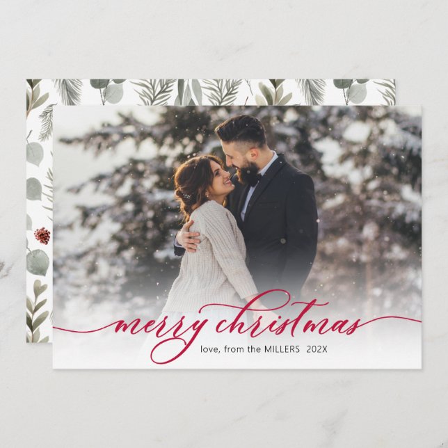 Cartes Pour Fêtes Annuelles Calligraphie Rouge Script Foliting Photo Noël (Devant / Derrière)