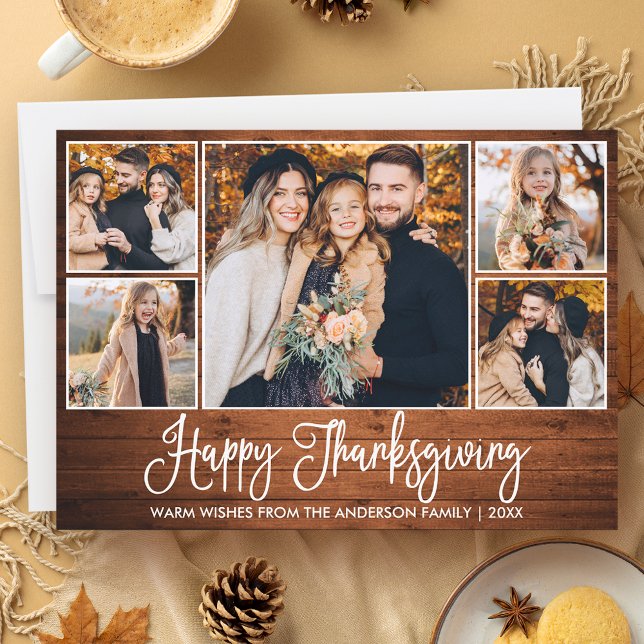 Cartes Pour Fêtes Annuelles Calligraphie Rustique Bois 5 Photos Thanksgiving (Customize to add more text or photos to back of card.)