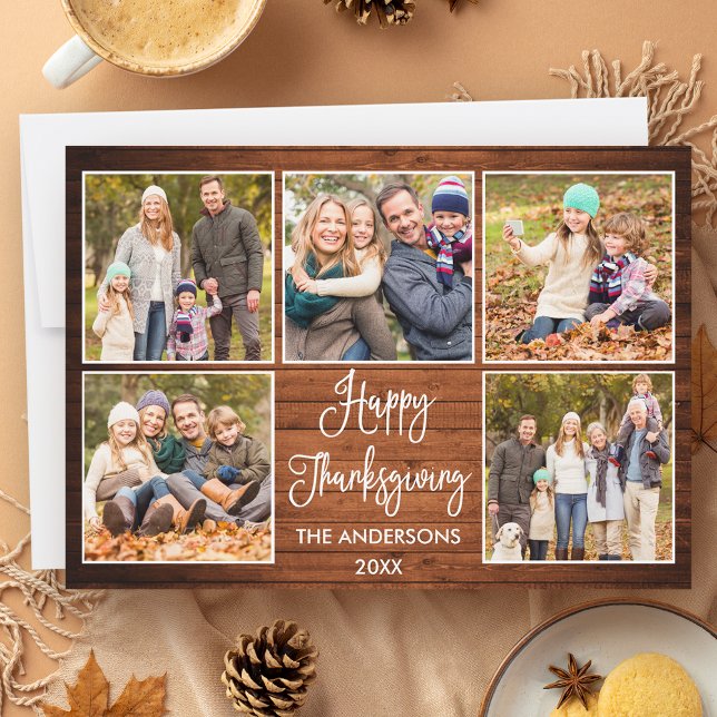Cartes Pour Fêtes Annuelles Calligraphie rustique en bois 5 Photo Thanksgiving (Customize to add more text or photos to back of card.)