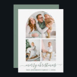Cartes Pour Fêtes Annuelles Calligraphie Sage Green 3 Photo Arche Noël<br><div class="desc">Script de calligraphie moderne tendance Joyeux Noël 3 Photo Arch Carte de vacances - Sage Green</div>