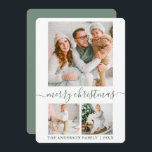 Cartes Pour Fêtes Annuelles Calligraphie Script 3 Photo Sage Vert Noël<br><div class="desc">Calligraphie moderne tendance Script 3 Photo Famille Photo Collage Joyeux Noël Carte - Sage Green</div>