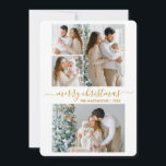 Cartes Pour Fêtes Annuelles Calligraphie Script 4 Photo Joyeux Noël Or<br><div class="desc">Calligraphie moderne tendance Script 4 Photo Family Photo Collage Joyeux Noël Carte de vacances - Gold Texte</div>