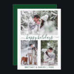 Cartes Pour Fêtes Annuelles Calligraphie Script Couple 3 Photo Vert<br><div class="desc">Calligraphie moderne tendance Script 3 Photos Couple Happy Holidays Card - Forest Green Script</div>