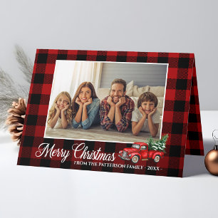 Cartes Pour Fêtes Annuelles Calligraphie Script Photo Buffalo Plaid Camion Rou