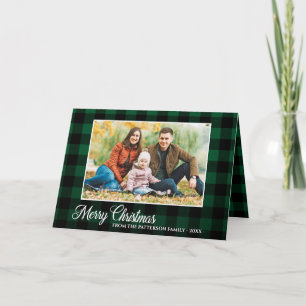 Cartes Pour Fêtes Annuelles Calligraphie Script photo vert Plaid Tartan plié