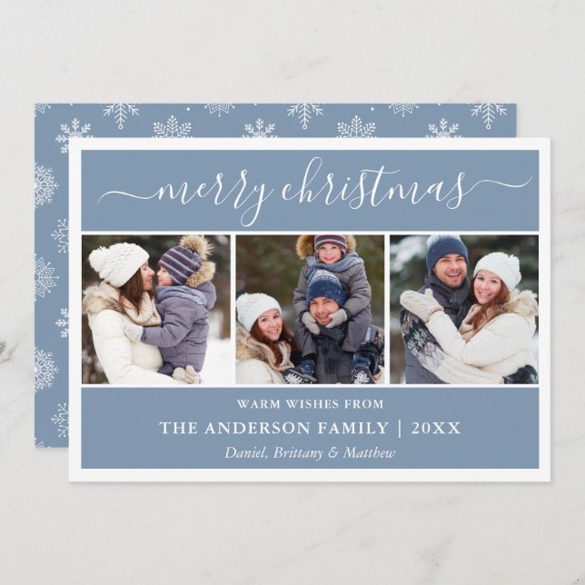 Cartes Pour Fêtes Annuelles Calligraphie Snowflakes Christmas Blue 3 Photo (Devant / Derrière)