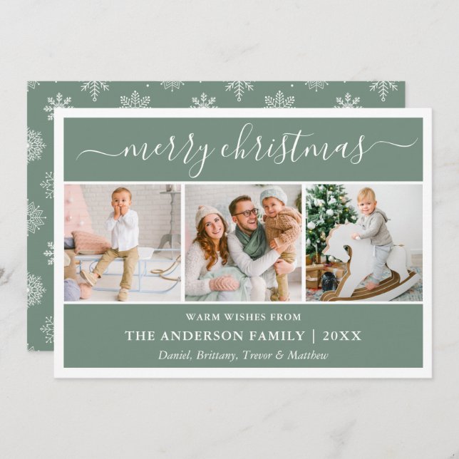 Cartes Pour Fêtes Annuelles Calligraphie Snowflakes Christmas Green 3 Photo (Devant / Derrière)