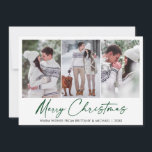 Cartes Pour Fêtes Annuelles Calligraphie Stylo d'encre verte Noël 3 Photo Coup<br><div class="desc">Élégance minimaliste moderne Calligraphie encre stylo manuscrit Joyeux Noël 3 Photo Carte de vacances - Script vert</div>