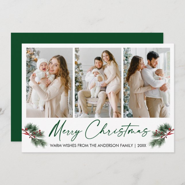 Cartes Pour Fêtes Annuelles Calligraphie Stylo Encre Aquarelle Pines Berries V (Devant / Derrière)