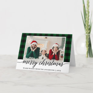 Cartes Pour Fêtes Annuelles Calligraphie vert Plaid Photo Plier Noël