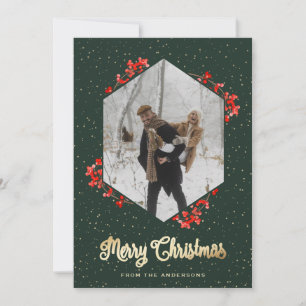 Cartes Pour Fêtes Annuelles Calligraphie verte Baies rouges Neige Photo Noël