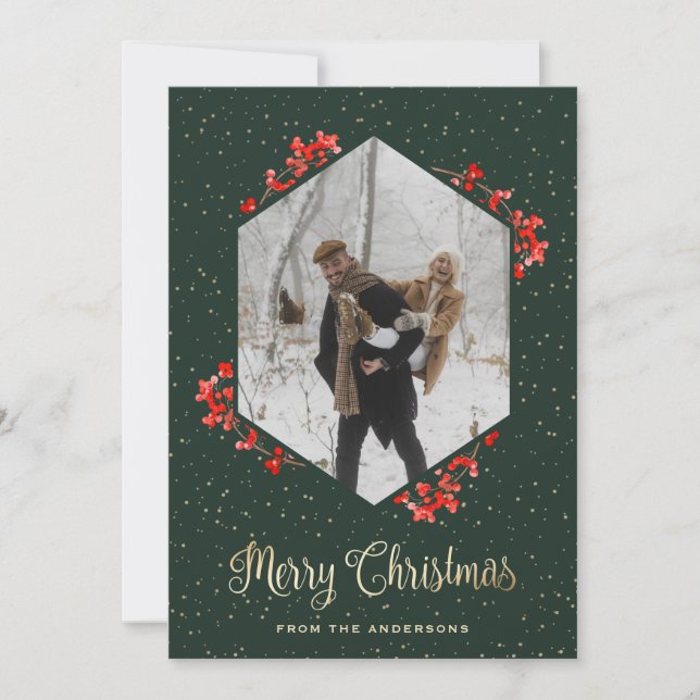 Cartes Pour Fêtes Annuelles Calligraphie verte Baies rouges Neige Photo Noël (Devant)