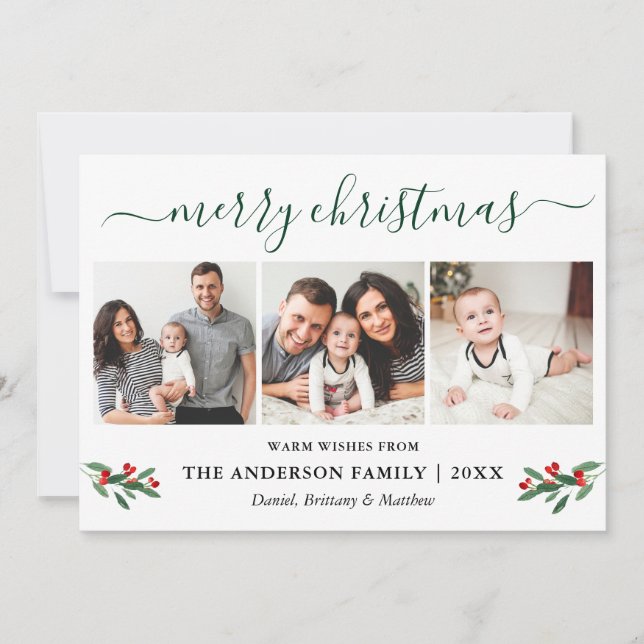 Cartes Pour Fêtes Annuelles Calligraphie verte Joyeux Noël Holly 3 Photo (Devant)