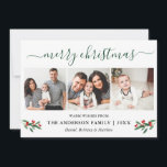 Cartes Pour Fêtes Annuelles Calligraphie verte Joyeux Noël Holly 3 Photo<br><div class="desc">Calligraphie moderne Script 3 Photo Famille Photo Collage Joyeux Noël Carte inclut Aquarelle Noël Fruits de Noël - Forest Green Script</div>