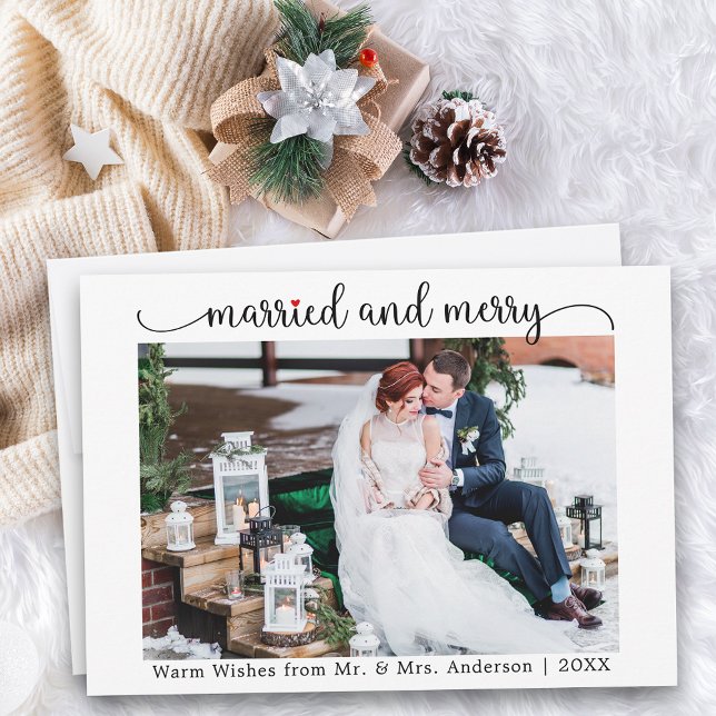 Cartes Pour Fêtes Annuelles Calligraphy Red Heart Married and Merry Photo (Customize to change your personalized text size or text style.)