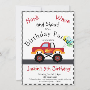Cartes Pour Fêtes Annuelles Camion Birthday Drive par invitation, Monster Truc