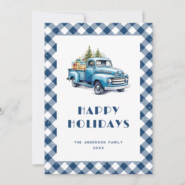 Cartes Pour Fêtes Annuelles Camion bleu à carreaux Gingham enneigé aquarelle (Devant)