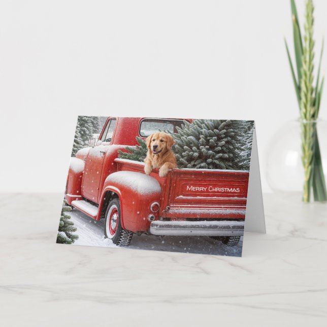 Cartes Pour Fêtes Annuelles Camion De Noël Rétro Avec Golden Retriever (Devant)