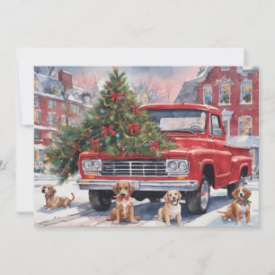 Cartes Pour Fêtes Annuelles Camion de Noël rouge en village avec chiots