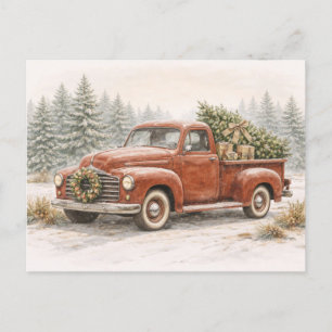 Cartes Pour Fêtes Annuelles Camion de Noël vintage à l'aquarelle rouge avec ar