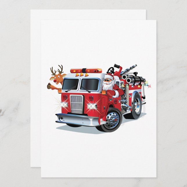 Cartes Pour Fêtes Annuelles Camion de pompiers de Noël dessin animé (Devant / Derrière)