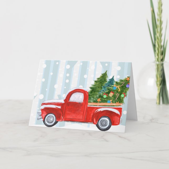 Cartes Pour Fêtes Annuelles Camion de ramassage rouge de Noël sur une route ne (Devant)