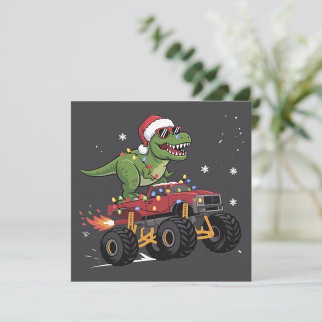Cartes Pour Fêtes Annuelles Camion Monstre de Noël Dinosaure T-Rex  (Debout devant)