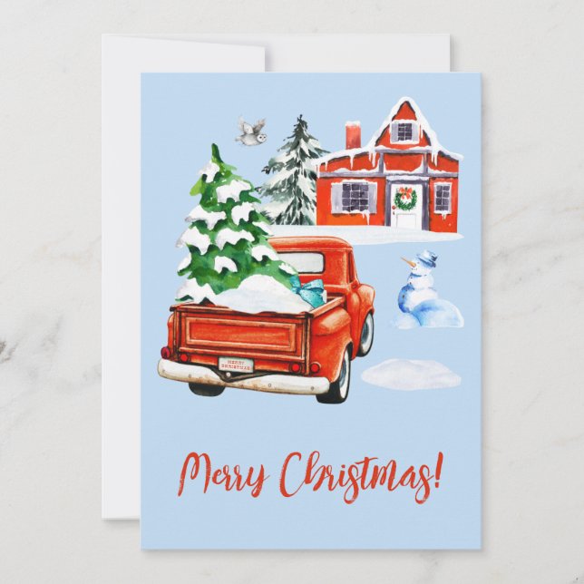Cartes Pour Fêtes Annuelles Camion Red Retro avec arbre de Noël Maison Snowman (Devant)