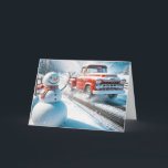 Cartes Pour Fêtes Annuelles Camion Red Retro de Noël avec Snowman<br><div class="desc">Un bonhomme de neige gai se tient à côté d'une route tandis qu'un camion rouge vintage passe dans un paysage enneigé</div>