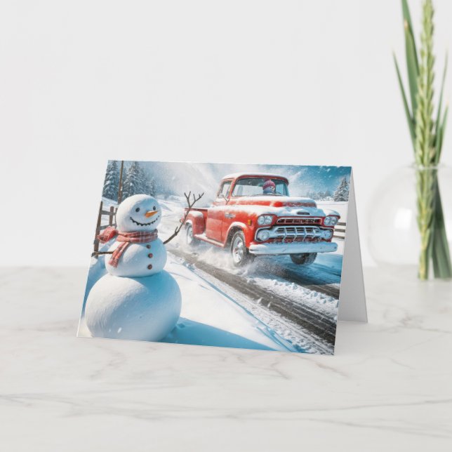 Cartes Pour Fêtes Annuelles Camion Red Retro de Noël avec Snowman (Devant)