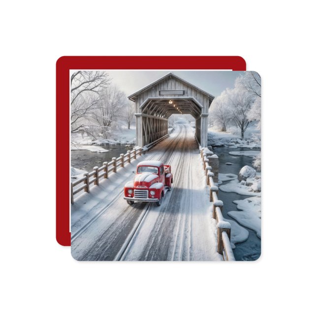 Cartes Pour Fêtes Annuelles Camion rétro de Noël et pont couvert (Devant/Arrière en situation)
