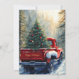 Cartes Pour Fêtes Annuelles Camion rouge avec arbre de Noël dans la forêt