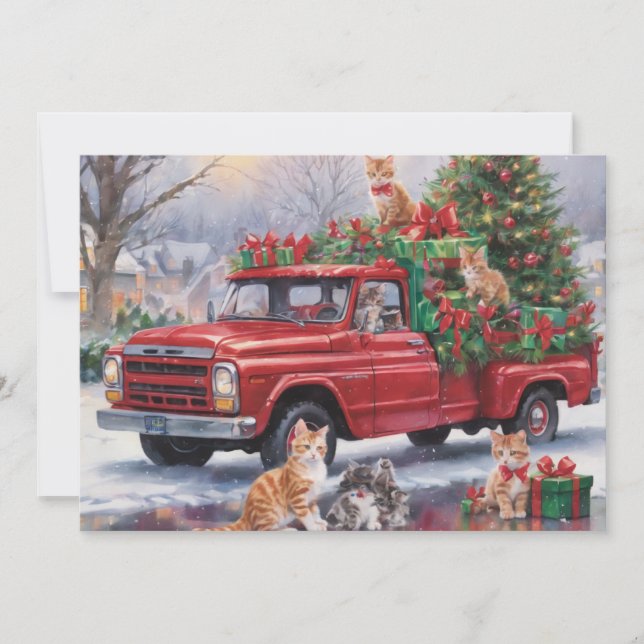 Cartes Pour Fêtes Annuelles Camion rouge avec cadeaux de Noël et chatons (Devant)