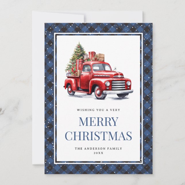 Cartes Pour Fêtes Annuelles Camion Rouge Bleu Buffle Plaid Aquarelle Noël (Devant)