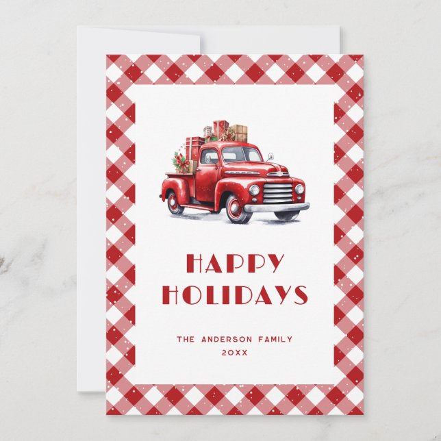 Cartes Pour Fêtes Annuelles Camion Rouge Classique Gingham Plaid enneigé (Devant)