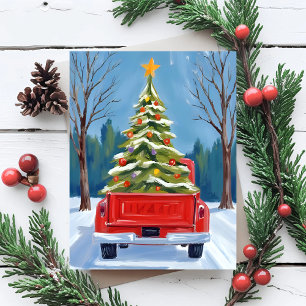 Cartes Pour Fêtes Annuelles Camion rouge de livraison d'arbre de Noël Aquarell