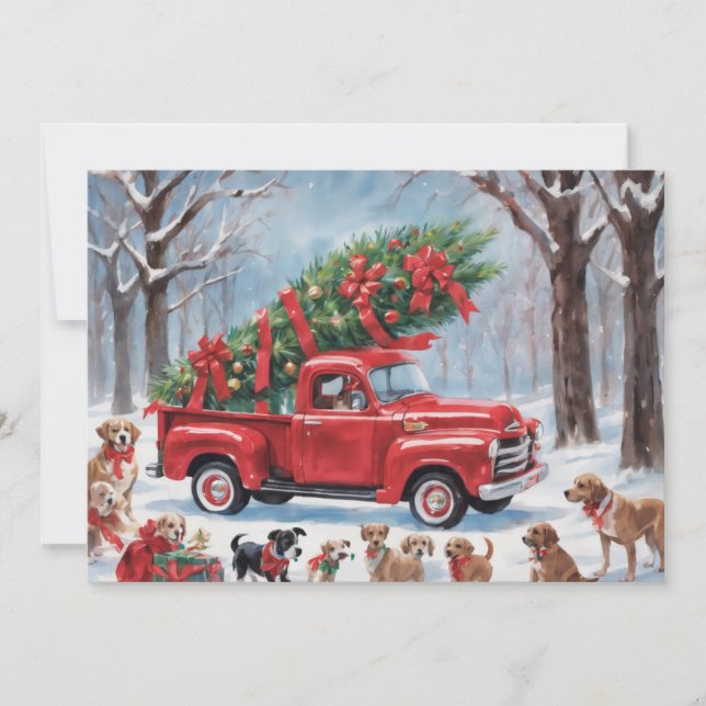 Cartes Pour Fêtes Annuelles Camion rouge de Noël dans le bois enneigé avec des (Devant)