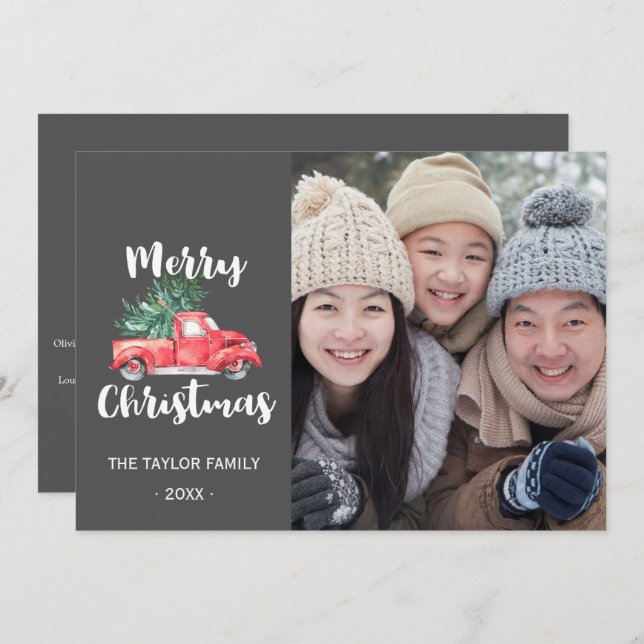 Cartes Pour Fêtes Annuelles Camion rouge et arbre année en revue Photo de Noël (Devant / Derrière)