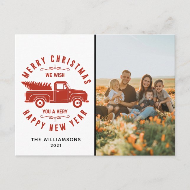 Cartes Pour Fêtes Annuelles Camion rouge et arbre Joyeux Noël Photo  Fêtes (Devant)