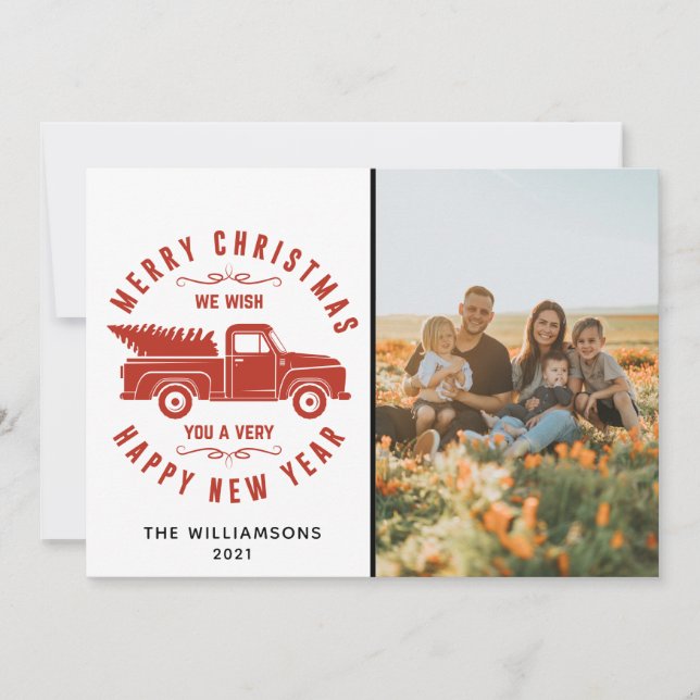 Cartes Pour Fêtes Annuelles Camion rouge et arbre Joyeux Noël Photo Holiday (Devant)