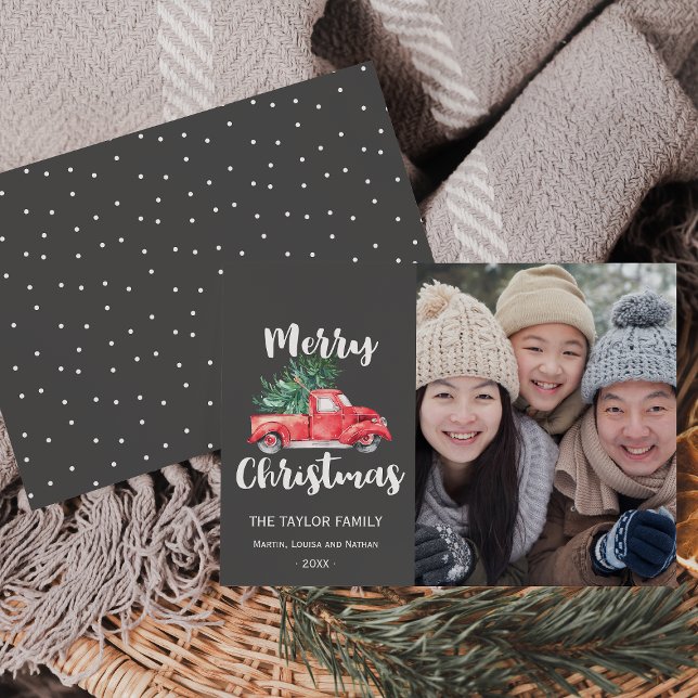 Cartes Pour Fêtes Annuelles Camion rouge et arbre | Photo de Noël grise (Créateur téléchargé)