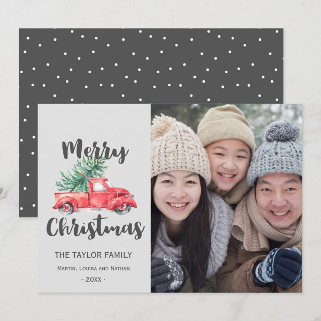 Cartes Pour Fêtes Annuelles Camion rouge et photo de Noël d'arbre (Devant / Derrière)