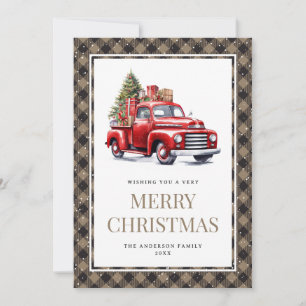 Cartes Pour Fêtes Annuelles Camion rouge Khaki Buffalo Plaid Aquarelle Noël