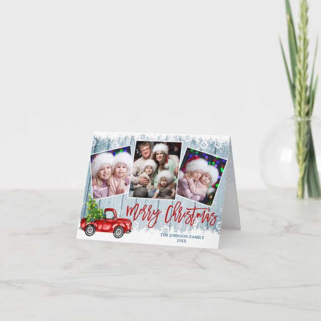 Cartes Pour Fêtes Annuelles Camion rouge rétro 4 PHOTO Noël Salutation pliée (Devant)