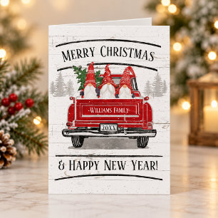 Cartes Pour Fêtes Annuelles Camion Rouge Vintage Nains Arbre de Noël Rustique